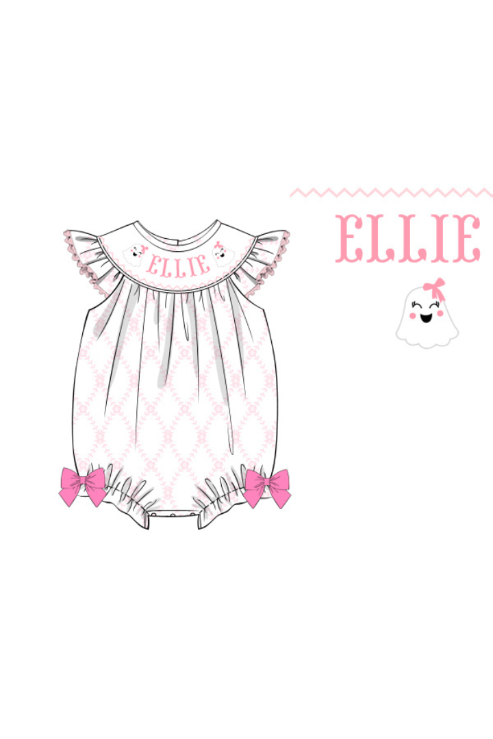 The Smocked Flamingo Pre-Order Hand Smocked Custom Name Trellis Ghost Bubble
