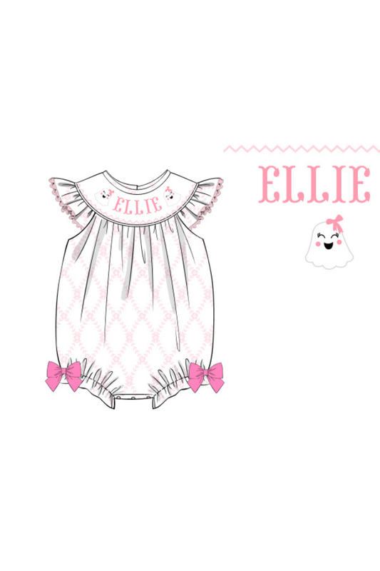 The Smocked Flamingo Pre-Order Hand Smocked Custom Name Trellis Ghost Bubble
