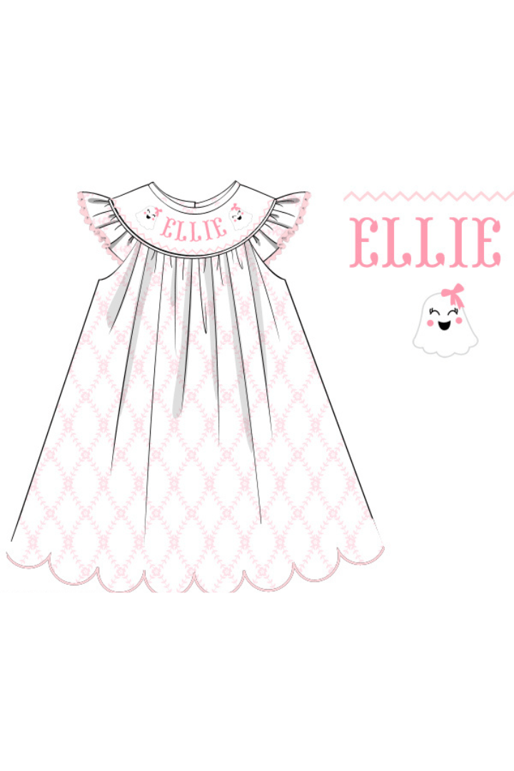The Smocked Flamingo Pre-Order Hand Smocked Custom Name Trellis Ghost Dress