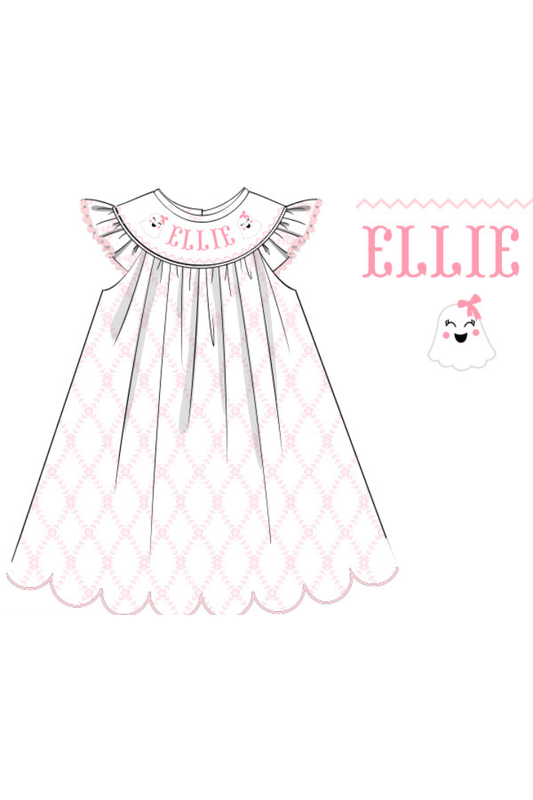 The Smocked Flamingo Pre-Order Hand Smocked Custom Name Trellis Ghost Dress