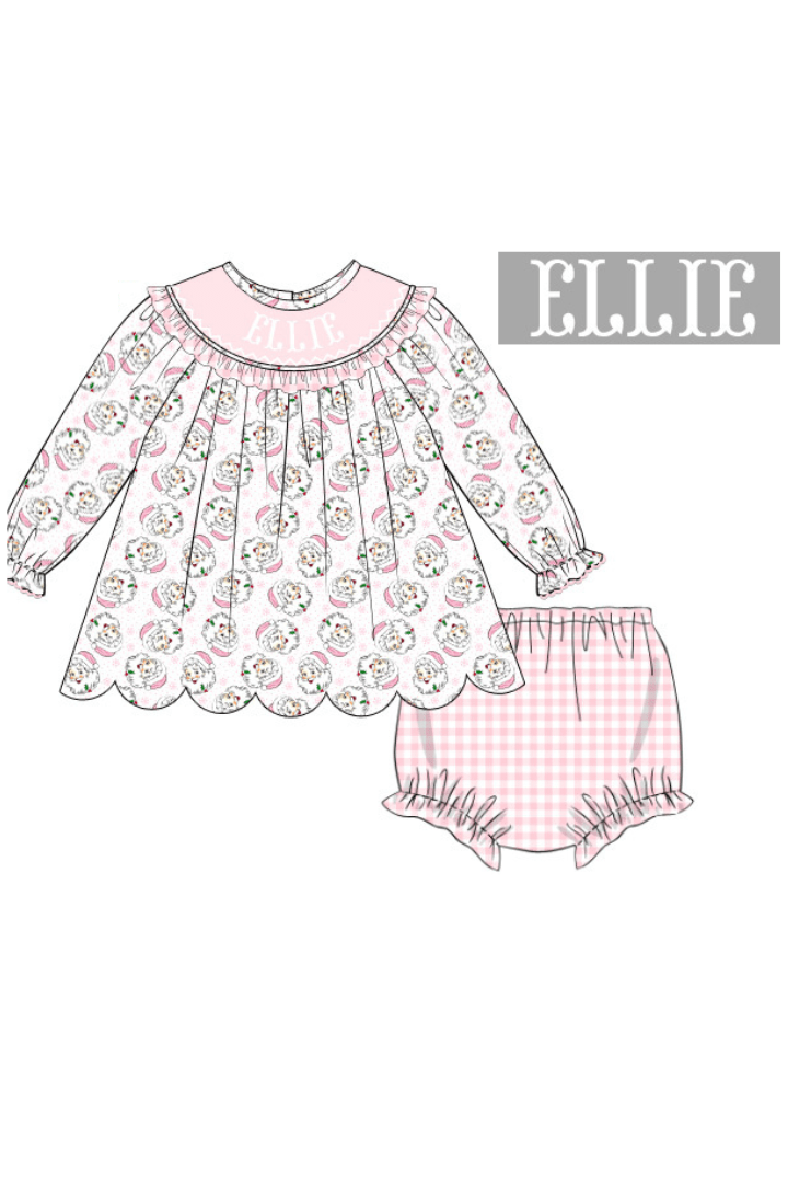 The Smocked Flamingo Pre-Order Hand Smocked Custom Name Vintage Santa Bloomer Set