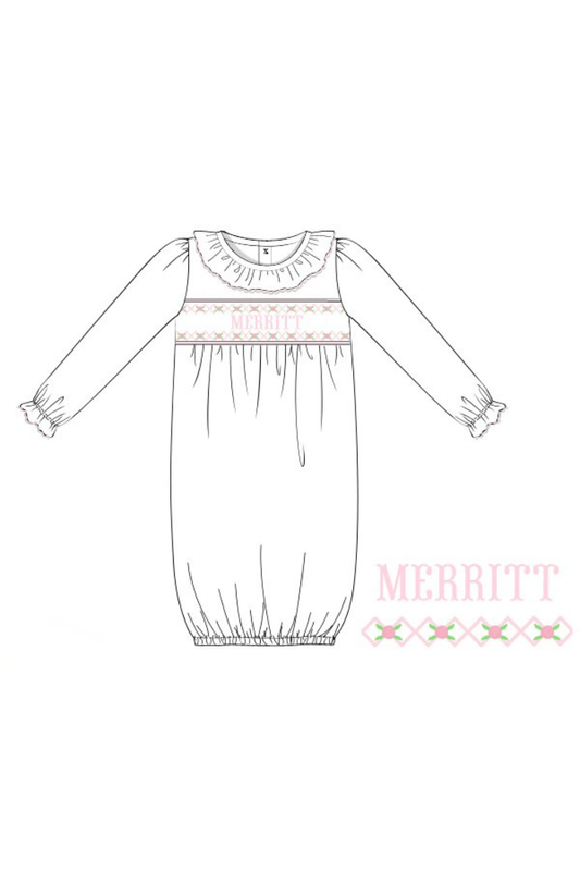 The Smocked Flamingo Pre-Order Hand Smocked Custom Name White/Pink Flower Knit Gown