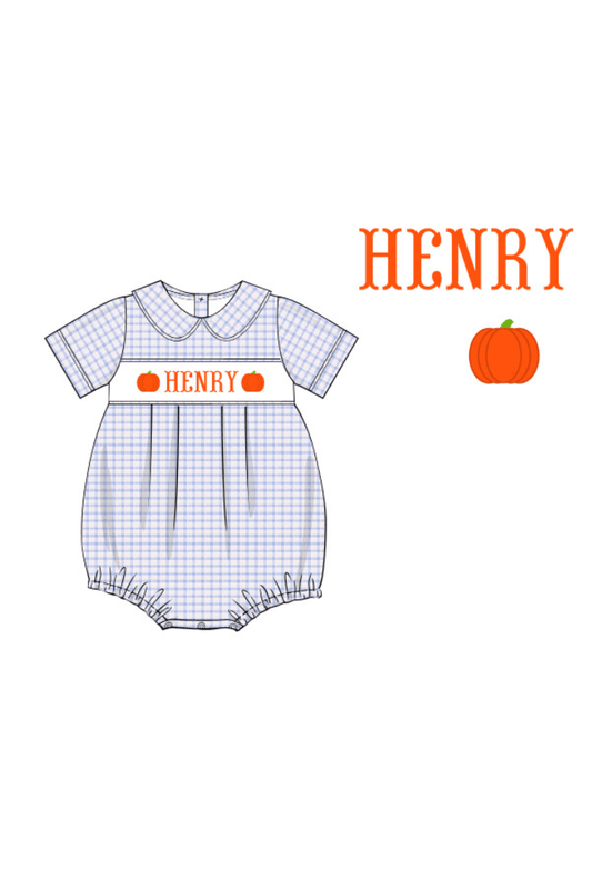 The Smocked Flamingo Pre-Order Hand Smocked Custom Name Windowpane Pumpkin Bubble
