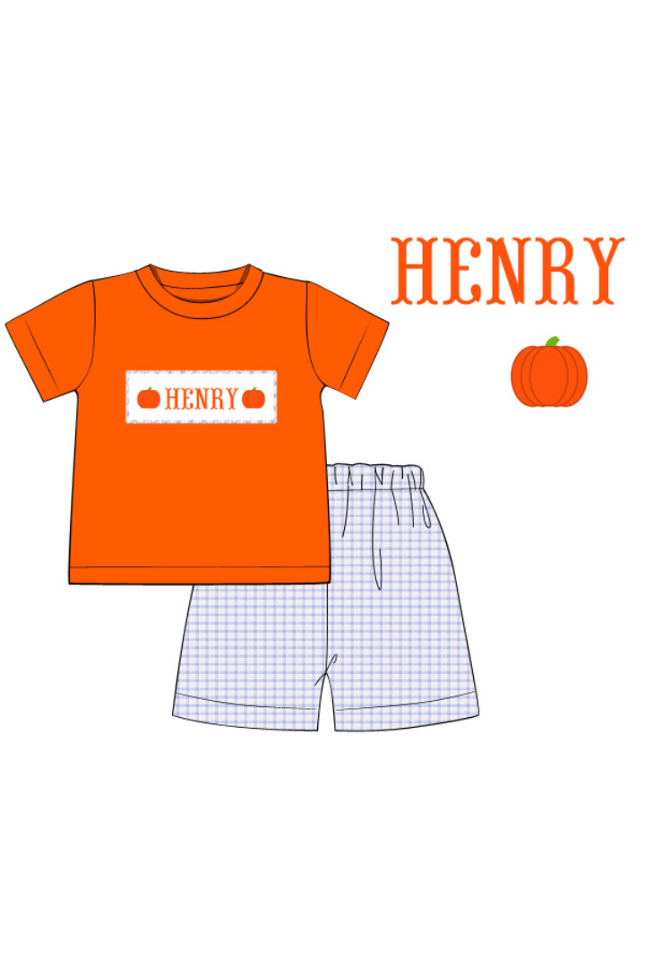 The Smocked Flamingo Pre-Order Hand Smocked Custom Name Windowpane Pumpkin Short Set