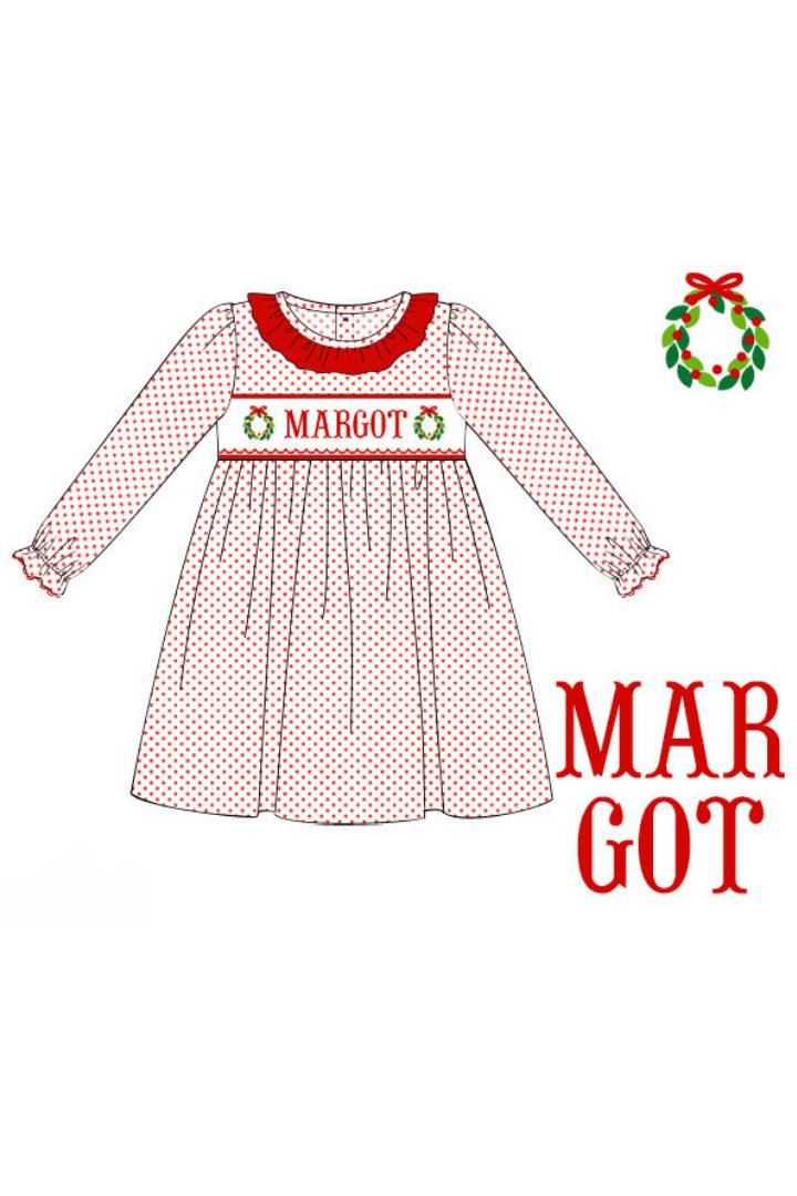 The Smocked Flamingo Pre-Order Hand Smocked Custom Name Wreath Knit Dress