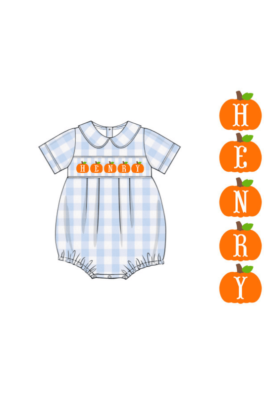 The Smocked Flamingo Pre-Order Hand Smocked Custom Pumpkin Name Blue Gingham Bubble