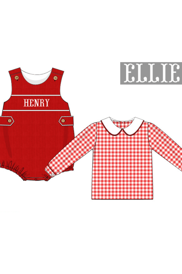 The Smocked Flamingo Pre-Order Hand Smocked Custom Red Gingham Corduroy Bubble and Shirt