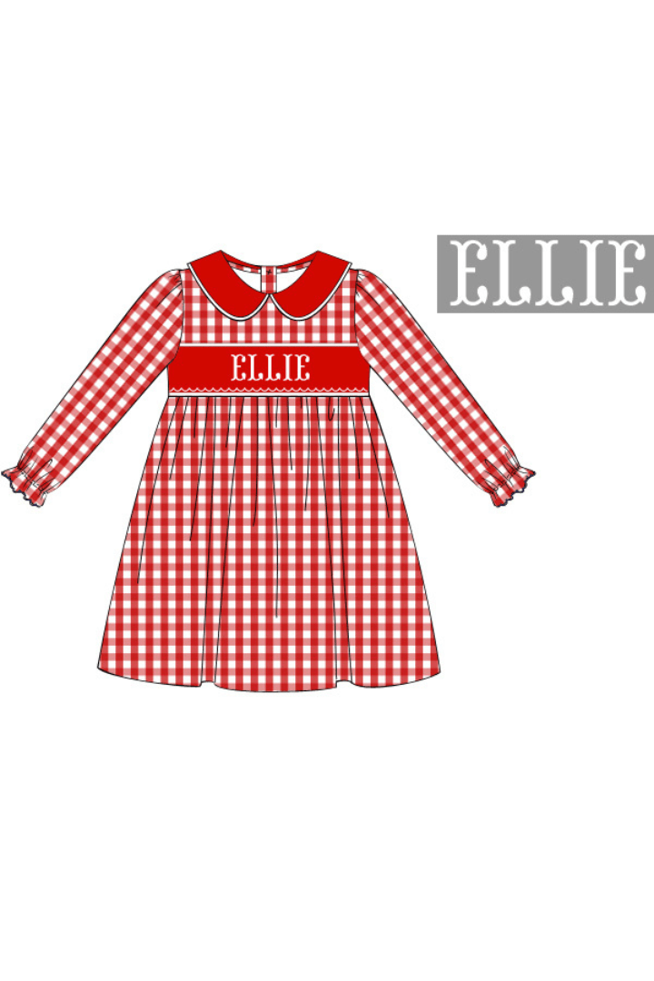 The Smocked Flamingo Pre-Order Hand Smocked Custom Red Gingham Corduroy Dress