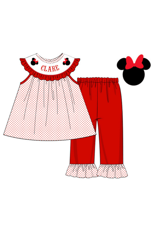 The Smocked Flamingo Pre-Order Hand Smocked Mouse Red Bitty Dot Bishop Pants Set