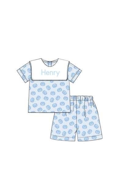 The Smocked Flamingo Pre-Order Jack O Lantern Blue Bib Short Set