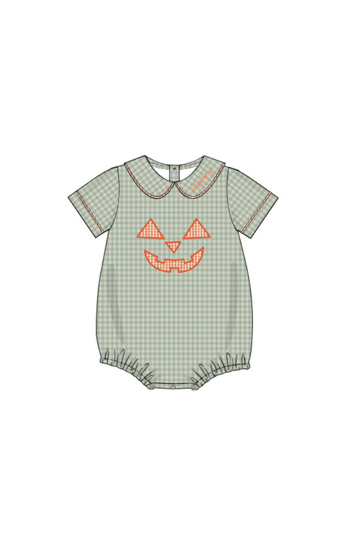 The Smocked Flamingo Pre-Order Jack O Lantern Green Seersucker Bubble