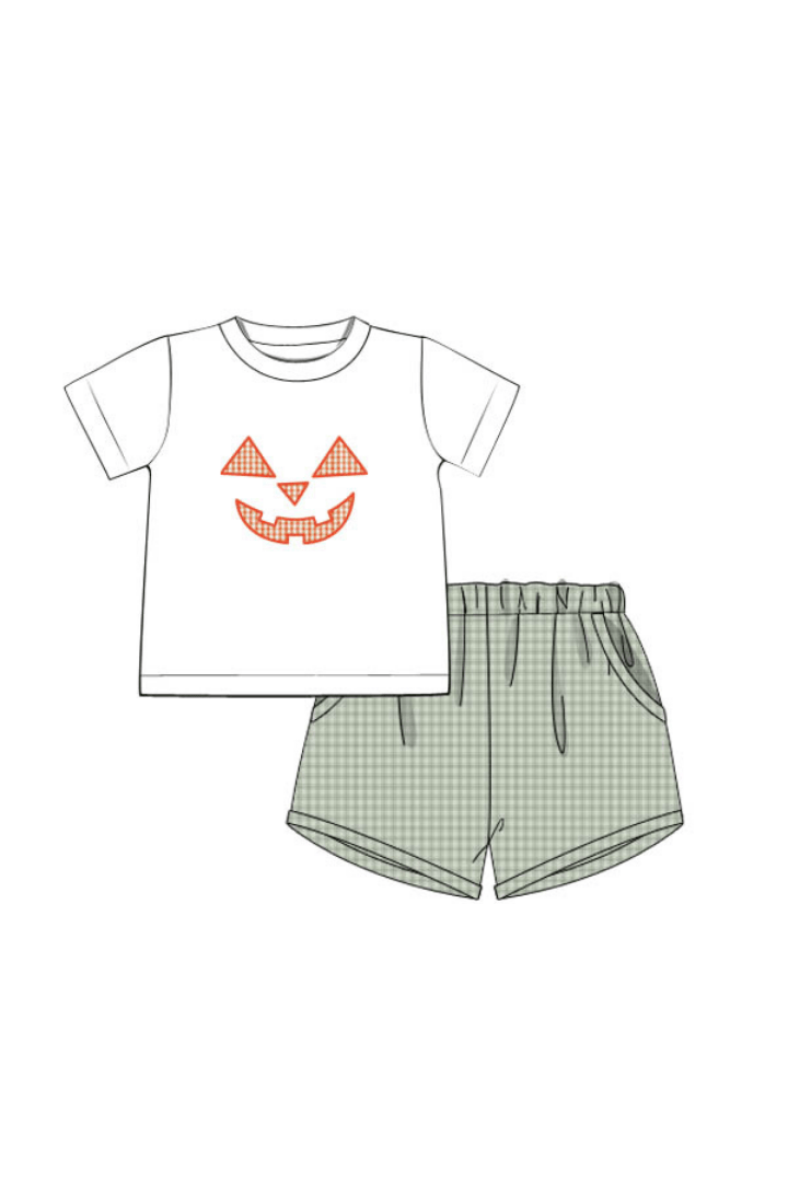 The Smocked Flamingo Pre-Order Jack O Lantern Green Seersucker Short Set