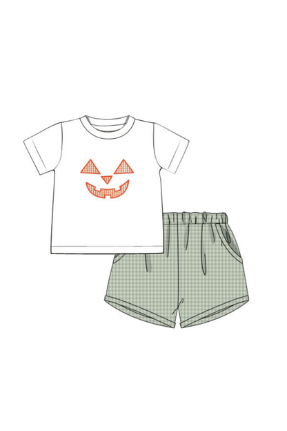 The Smocked Flamingo Pre-Order Jack O Lantern Green Seersucker Short Set