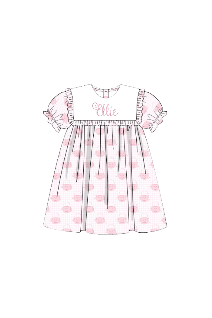 The Smocked Flamingo Pre-Order Jack O Lantern Pink Bib Dress