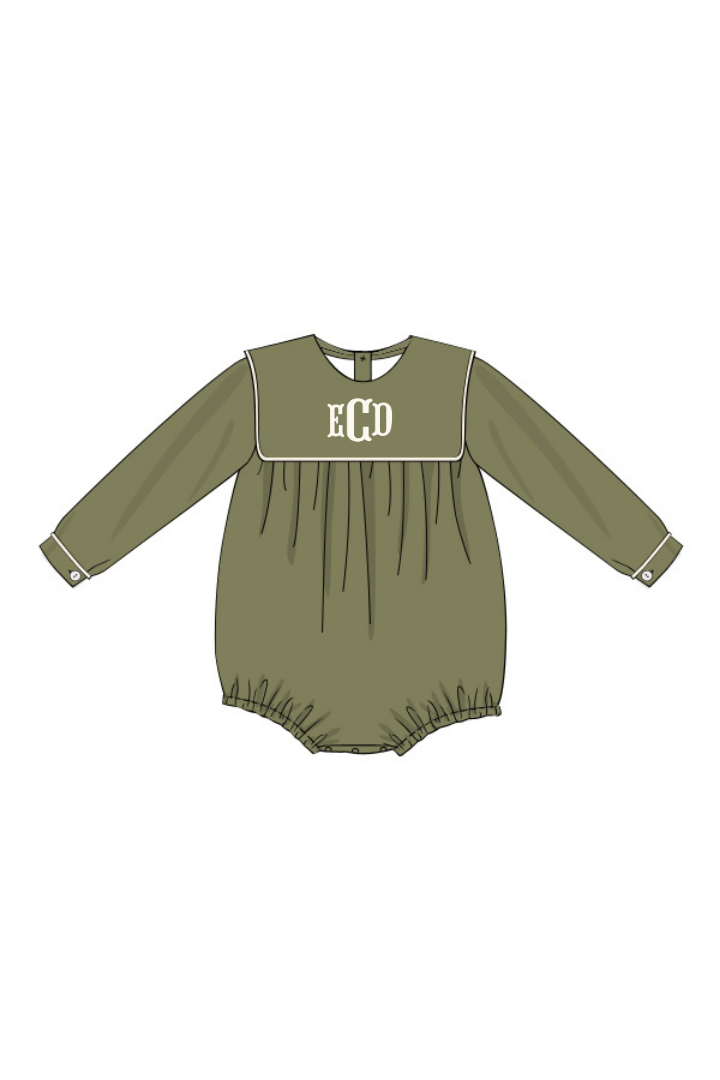 The Smocked Flamingo Pre-Order Olive Green Linen Bib Long Sleeve Bubble