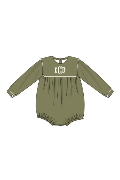 The Smocked Flamingo Pre-Order Olive Green Linen Bib Long Sleeve Bubble