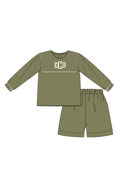 The Smocked Flamingo Pre-Order Olive Green Linen Bib Long Sleeve Short Set