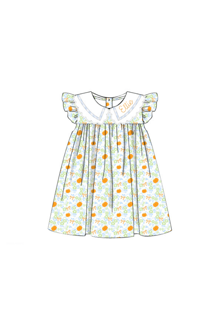 The Smocked Flamingo Pre-Order Pumpkin and Bows Flutter Sleeve Dress