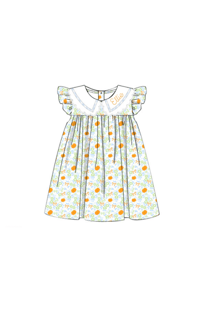 The Smocked Flamingo Pre-Order Pumpkin and Bows Flutter Sleeve Dress