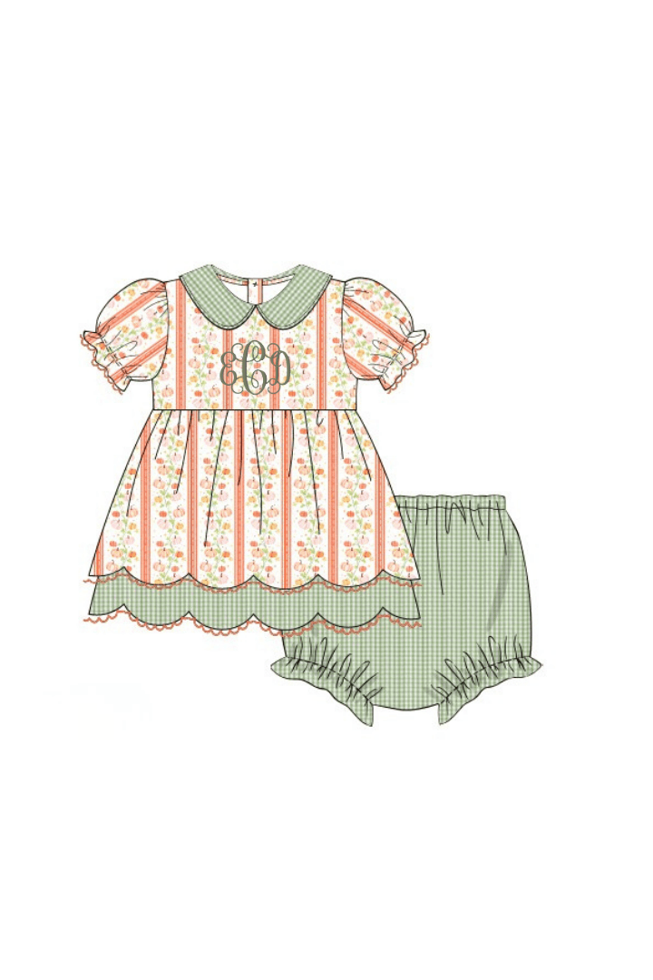 The Smocked Flamingo Pre-Order Pumpkin Trellis Green Seersucker Scalloped Bloomer Set