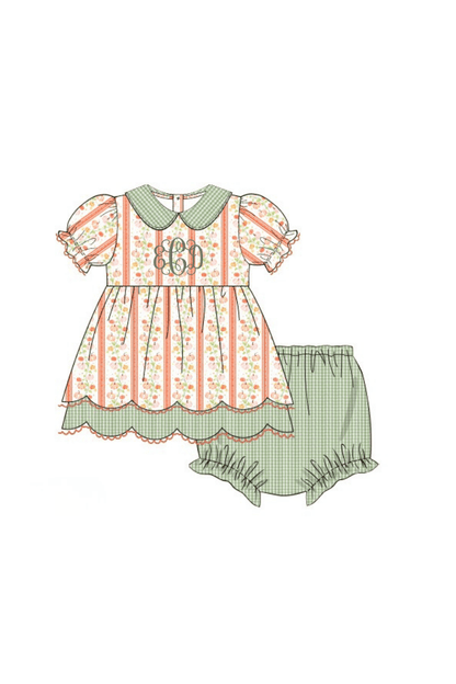 The Smocked Flamingo Pre-Order Pumpkin Trellis Green Seersucker Scalloped Bloomer Set