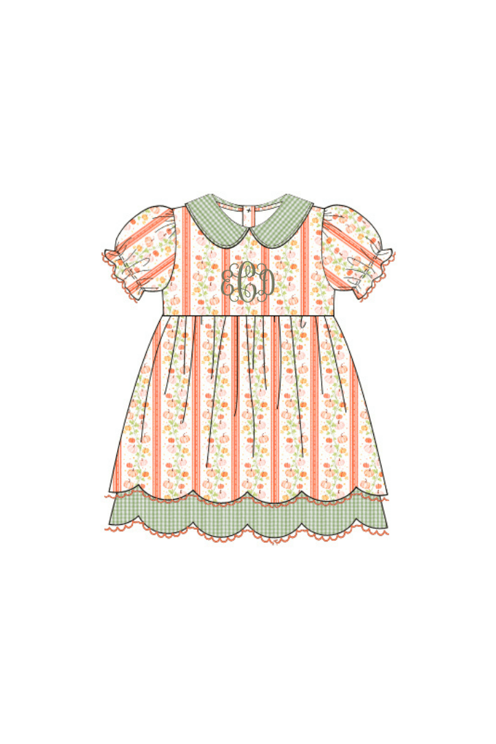 The Smocked Flamingo Pre-Order Pumpkin Trellis Green Seersucker Scalloped Dress