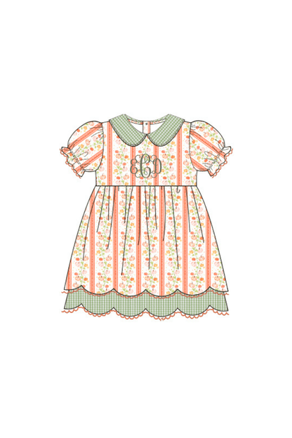 The Smocked Flamingo Pre-Order Pumpkin Trellis Green Seersucker Scalloped Dress