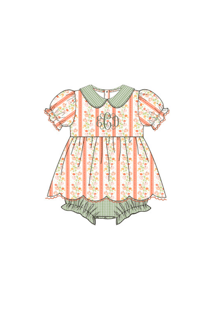 The Smocked Flamingo Pre-Order Pumpkin Trellis Green Seersucker Scalloped Skirted Bubble