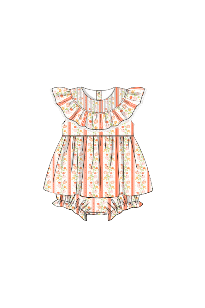 The Smocked Flamingo Pre-Order Pumpkin Trellis Ruffle Bubble