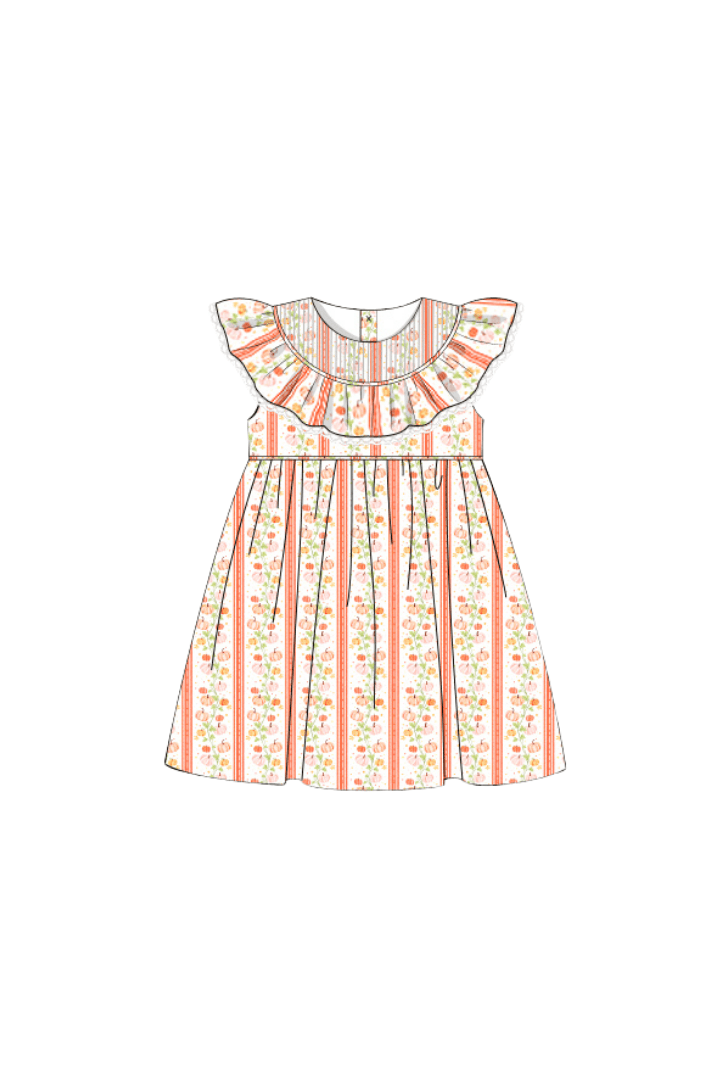 The Smocked Flamingo Pre-Order Pumpkin Trellis Ruffle Dress