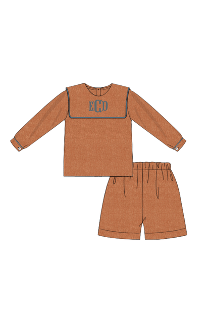 The Smocked Flamingo Pre-Order Rust Linen Long Sleeve Bib Short Set