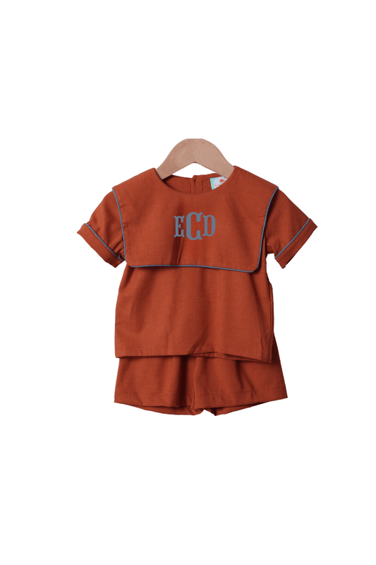 The Smocked Flamingo Pre-Order Rust Linen Short Sleeve Bib Short Set