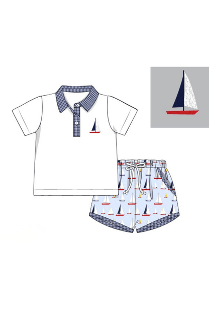 The Smocked Flamingo Pre-Order Sail Away Blue and Red Polo Short Set