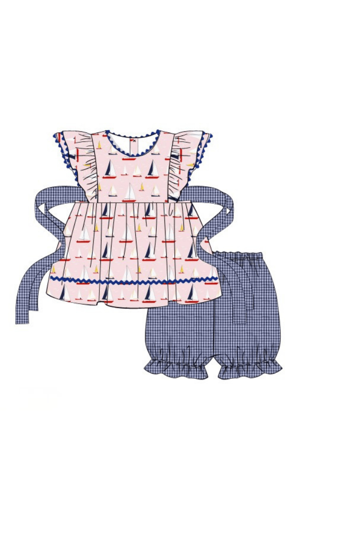 The Smocked Flamingo Pre-Order Sail Away Pink and Blue Skirted Bloomer Set