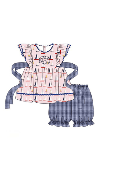 The Smocked Flamingo Pre-Order Sail Away Pink and Blue Skirted Bloomer Set