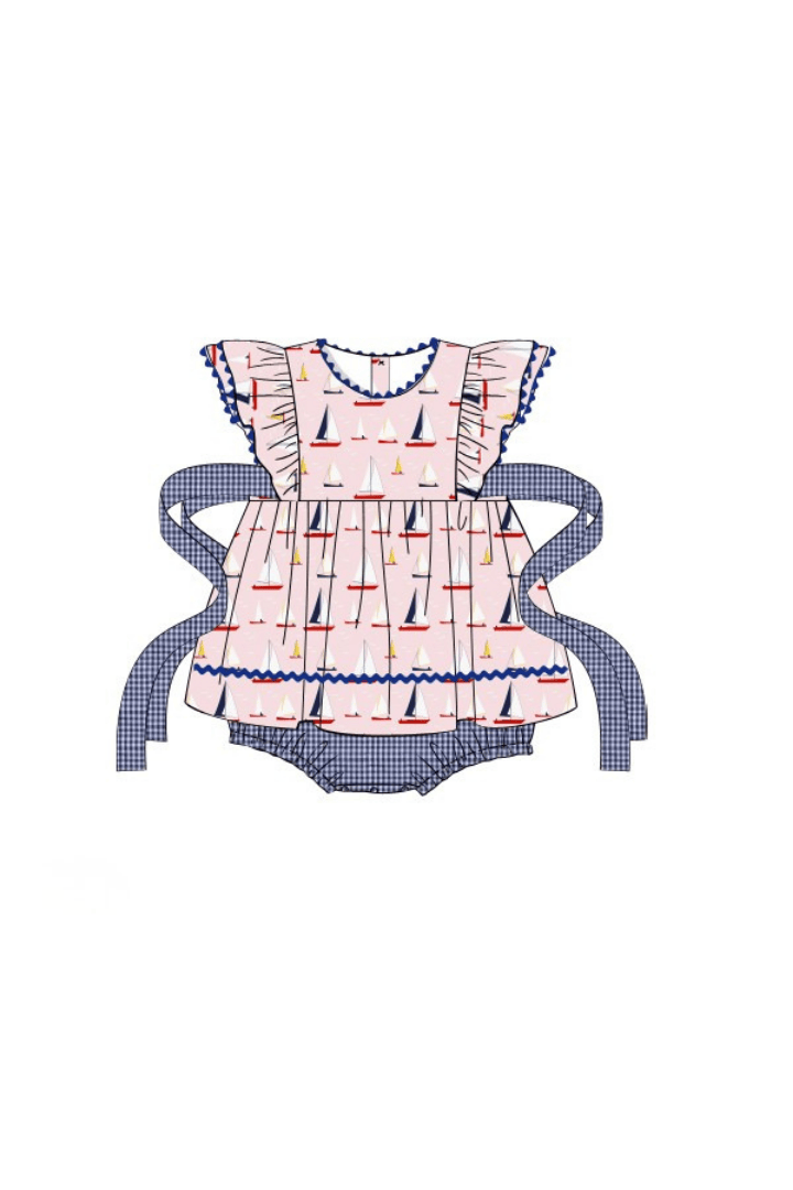 The Smocked Flamingo Pre-Order Sail Away Pink and Blue Skirted Bubble