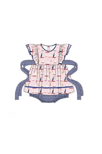The Smocked Flamingo Pre-Order Sail Away Pink and Blue Skirted Bubble