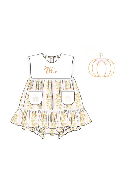 The Smocked Flamingo Pre-Order Shadow Embroidery Pumpkin Trellis Skirted Bubble