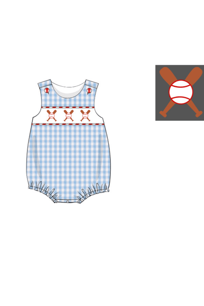 The Smocked Flamingo Pre-Order Smocked Baseball Blue Gingham Bubble