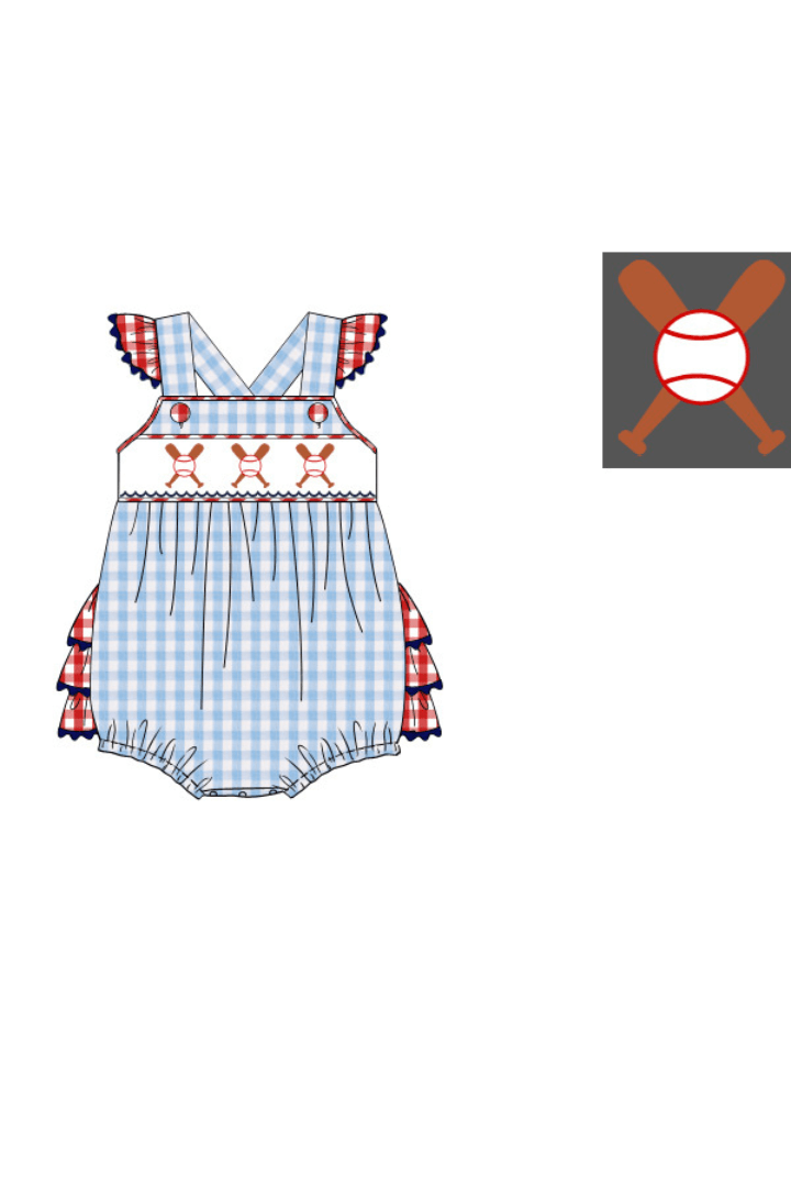 The Smocked Flamingo Pre-Order Smocked Baseball Blue Gingham Ruffle Bubble