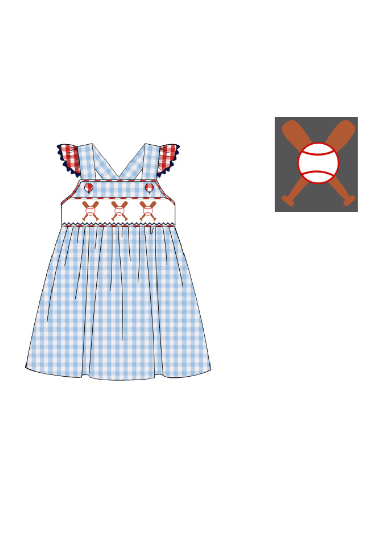 The Smocked Flamingo Pre-Order Smocked Baseball Blue Gingham Ruffle Dress