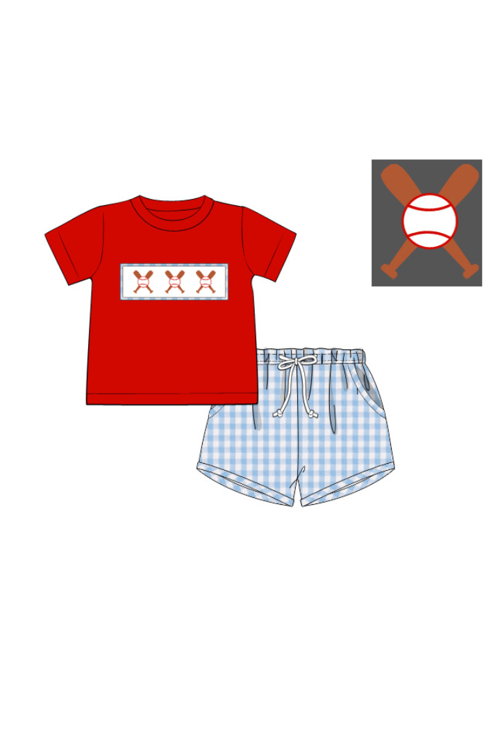 The Smocked Flamingo Pre-Order Smocked Baseball Red/Blue Gingham Shorts Set