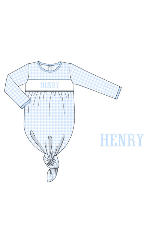 The Smocked Flamingo Pre-Order Smocked Blue Gingham Knotted Baby Gown