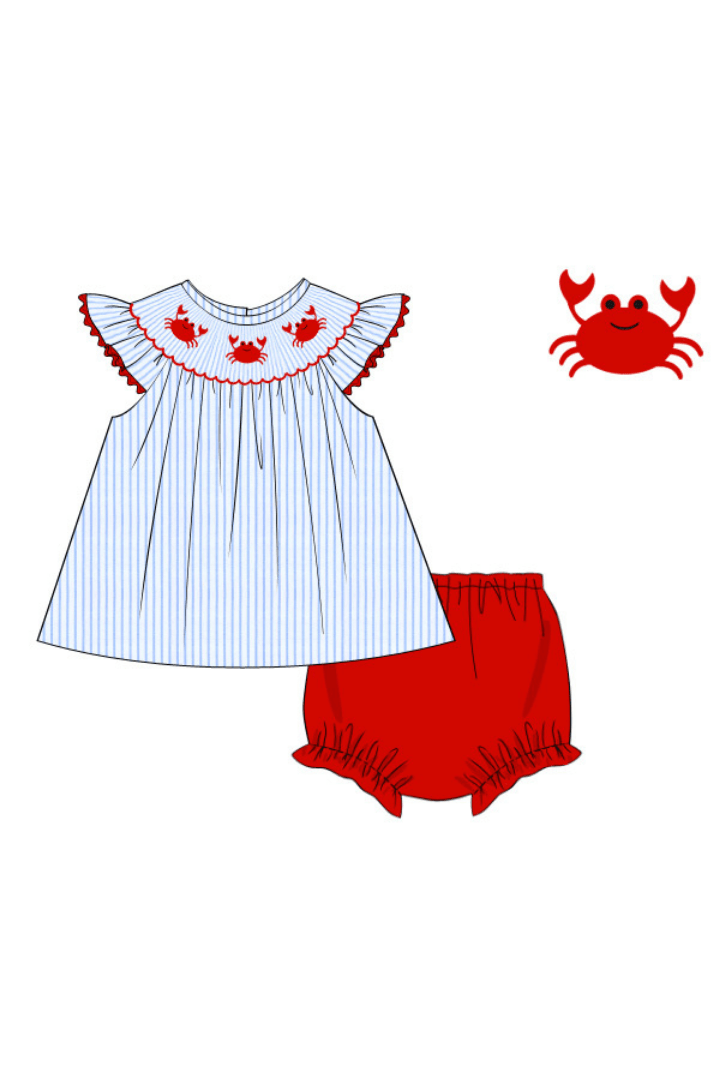 The Smocked Flamingo Pre-Order Smocked Crab Blue and Red Bloomer Set