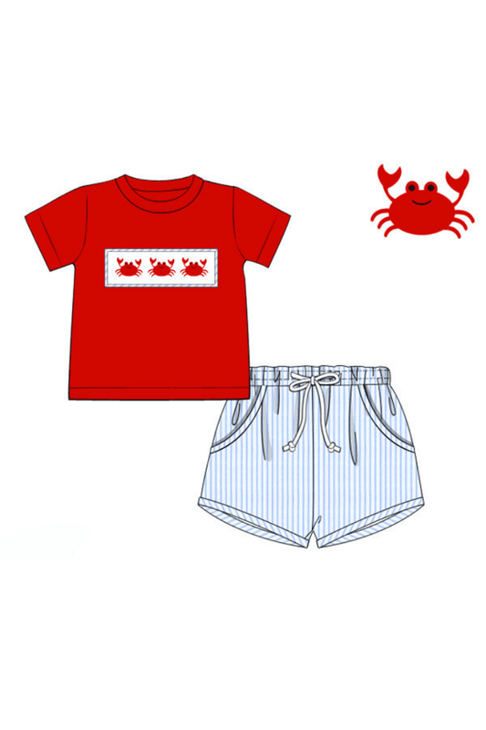 The Smocked Flamingo Pre-Order Smocked Crab Blue and Red Short Set