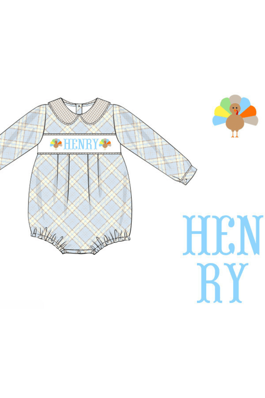 The Smocked Flamingo Pre-Order Smocked Custom Name Blue and Khaki Plaid Bubble