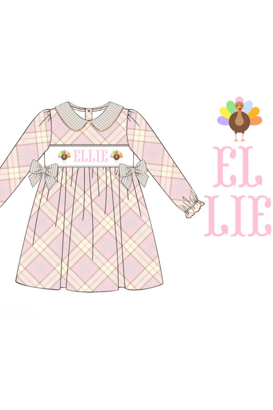 The Smocked Flamingo Pre-Order Smocked Custom Name Pink and Khaki Dress