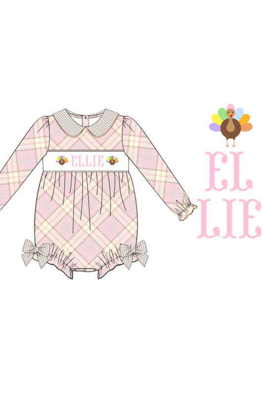 The Smocked Flamingo Pre-Order Smocked Custom Name Pink and Khaki Plaid Bubble