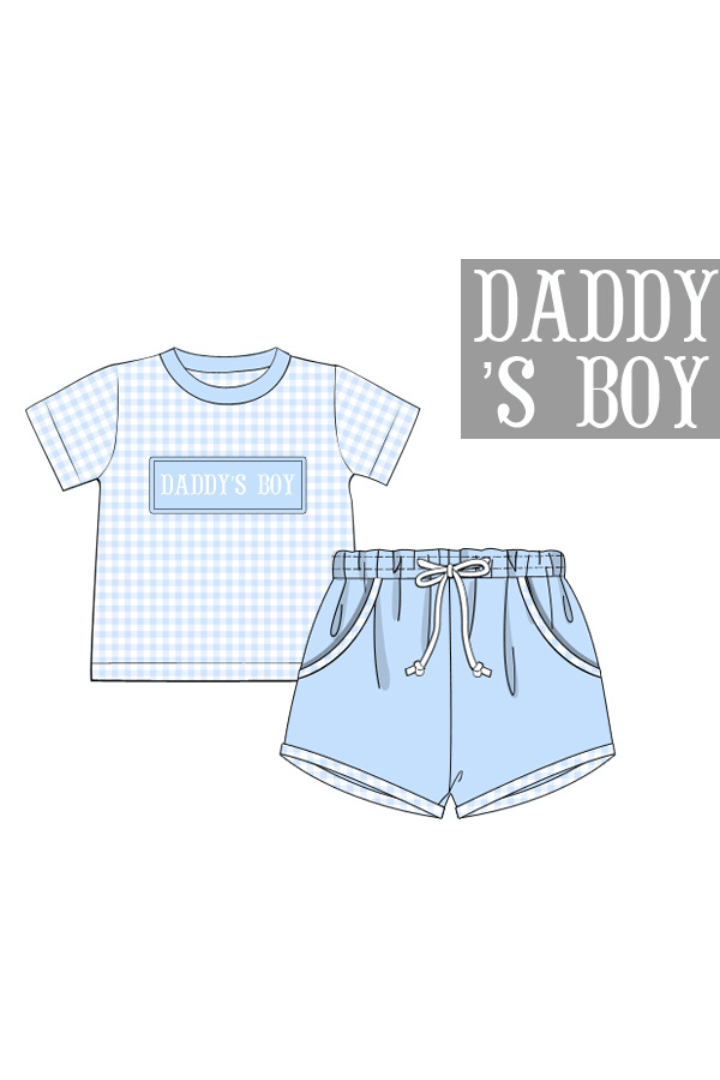 The Smocked Flamingo Pre-Order Smocked Daddy's Boy Blue Gingham Knit Short Set