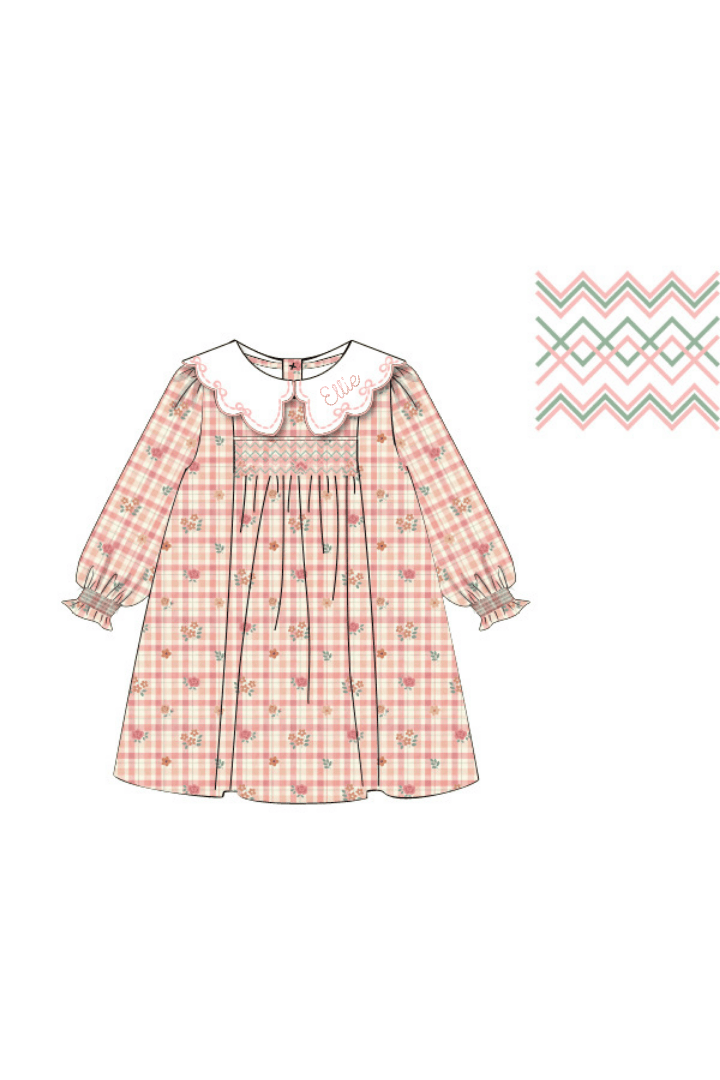 The Smocked Flamingo Pre-Order Smocked Fall Floral Plaid Corduroy Dress